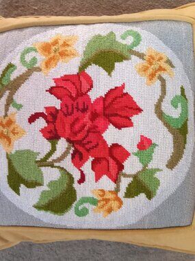 vintage needlepoint pillow red & yellow flower gold ultrasuede back
